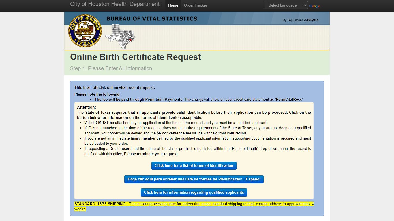 City of Houston Health Department Online Birth Certificate Requests